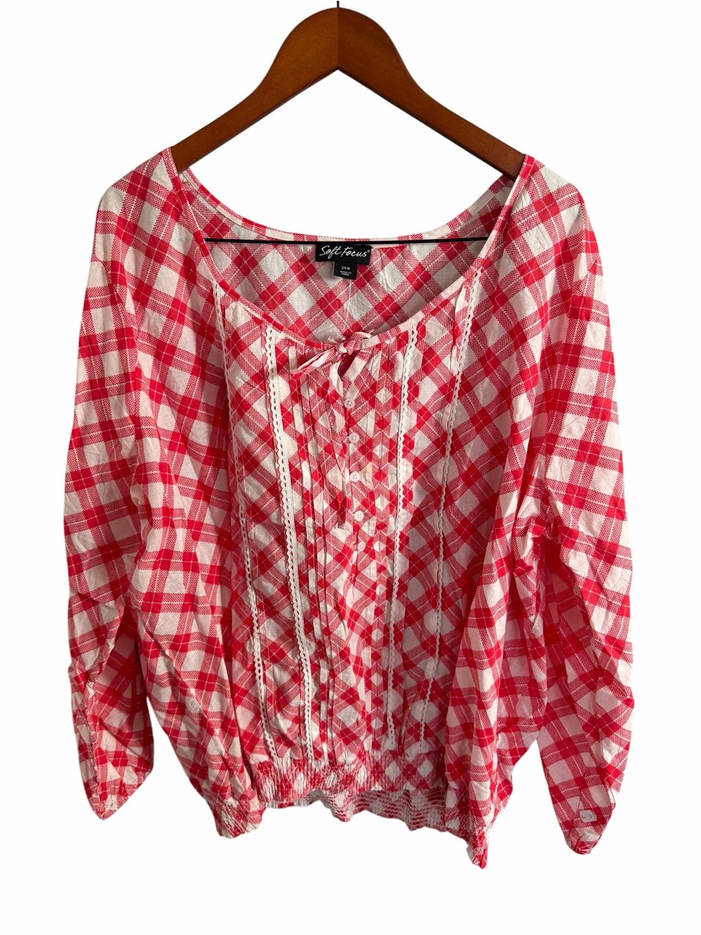 Red & White Plaid Lace-Trim Peasant Blouse